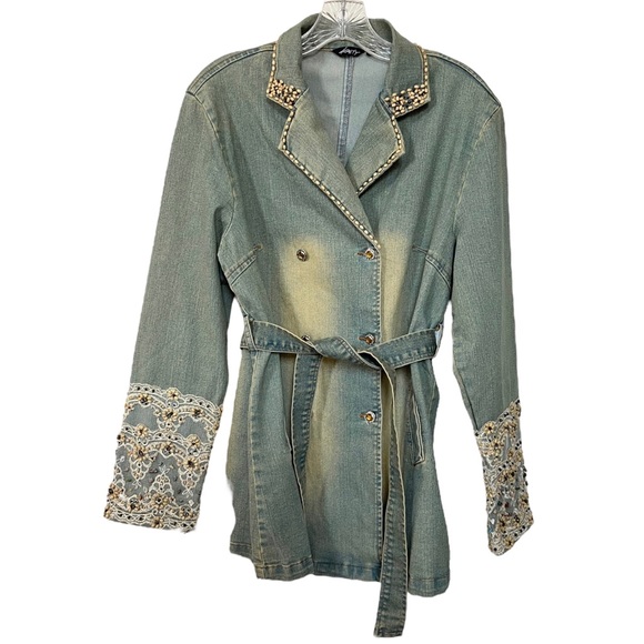 Vintage Kaity Jean Jacket Belted Button Front Bead Lace Sleeve Size Medium - Picture 5 of 16